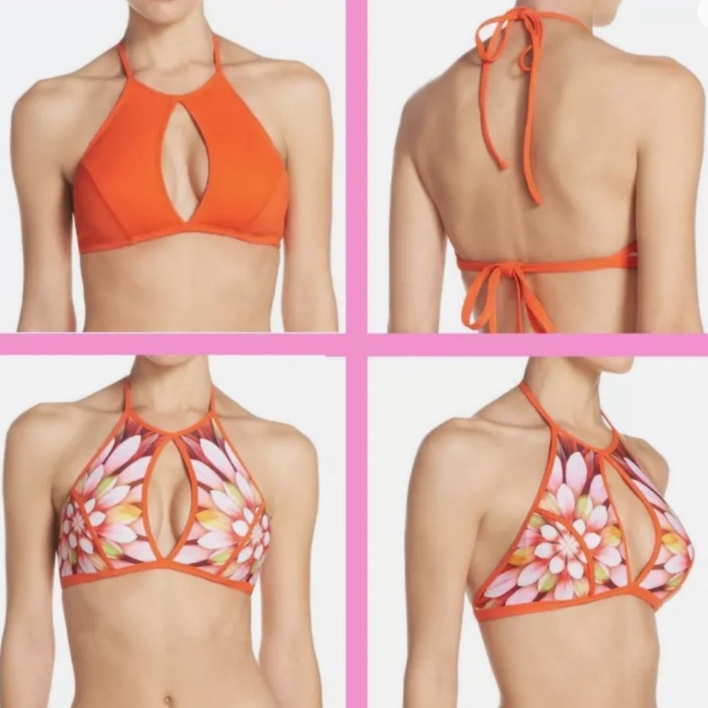 Robin Piccone Floral Arianna Reversible High Neck Halter Bikini Swim Bra Top XS